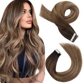 Moresoo Tape-In Real Hair Extensions, Remy Hair, Dark Brown to Light Brown with Golden Blonde #4/10/16, 35 cm, 50 g, 20 Pieces