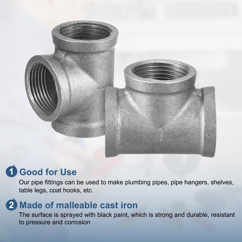 sourcing map 1 1/4"(32mm) Tee Pipe Fitting, Malleable Cast Iron