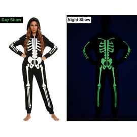 Veseacky Skeleton Pajamas Unisex Adult Pajamas Glow-in-Dark One-Piece Zipper Front PJS with Hooded Pockets for Couples X-Large