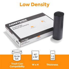 STAPLES COASTWIDE 50-56 Gallon Industrial Trash Bag, 43" x 46", Low Density, 1.5 mil, Black, 5 Rolls (CW22341)