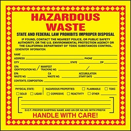 Accuform MHZWCAEVC Adhesive-Poly Vinyl (California) Hazardous Waste Label, Legend "HAZARDOUS WASTE - STATE AND FEDERAL LAW PROHIBITS IMPROPER DISPOSAL...HANDLE WITH CARE!", 6" Length x 6" Width x 2.6