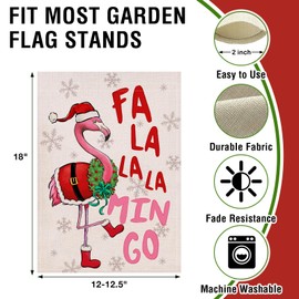 Artofy Christmas Flamingo Santa Small Decorative Garden Flag, Xmas Fa La La La Min Go Yard Lawn Outside Decor, Winter Holiday Snowflake Burlap Outdoor Home Decoration Double Sided 12 x 18
