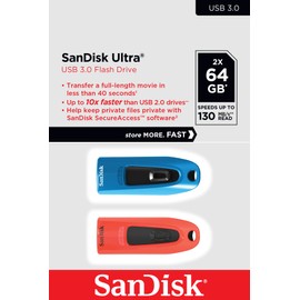 SanDisk Ultra 64GB USB Flash Drive USB 3.0 up to 130MB/s Read - Twin Pack