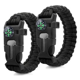 ZSMJAER Set of 2 Survival Bracelets, Multifunctional Paracord Bracelet, Survival Bracelet, Whistle, Flint, Compass, for Outdoor Activities (Black)