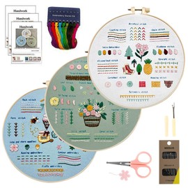 XHYASD 3 Sets Embroidery Kit for Beginners, Floral Pattern Plant Embroidery Kit with Plastic Embroidery Hoop, Colour Threads and Tools, for DIY Arts Crafts Embroidery