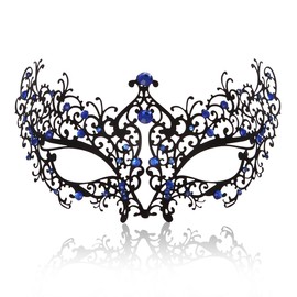 MYMENU Masquerade Mask for Women Shiny Rhinestone Metal Mask Venetian Mask for Party Prom Ball (Flower Blue)