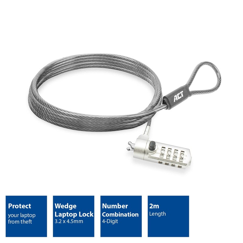 ACT Laptop Lock Security Cable 2m, Password Protection 4 Digit