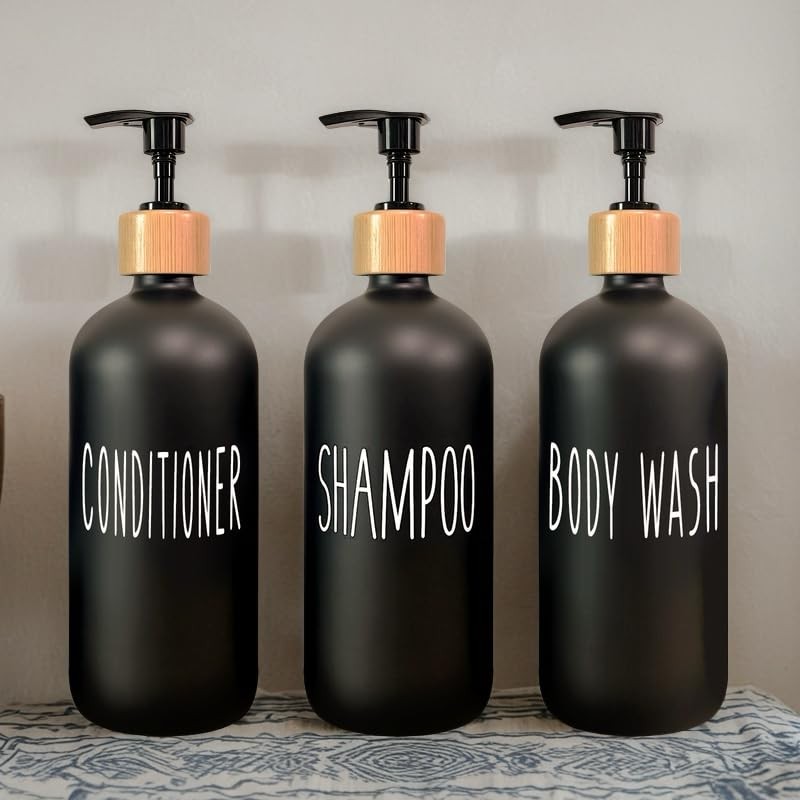 Black Shampoo and Conditioner Dispenser Set of 3 16.9oz Refillable