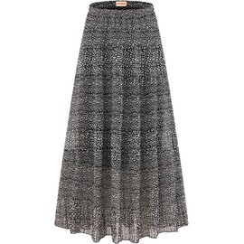 MJBGSHOW Womens Chiffon Long Skirt Elastic High Waist Floral Maxi Skirts Tiered Pleated A Line Boho Flowy Long Skirts Leopard-Black S