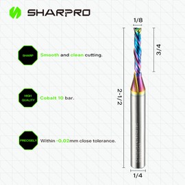 SHARPRO Compression CNC Router Bit 1/4 Inch Shank and 1/8 Inch Cutting Dia. 3/4 Inch CL. 2-1/2 Inch OVL. Solid Carbide Up&Down CNC Bits for Wood Cutting, Slot Mortise(Coating)