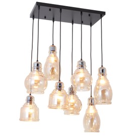 LDDBEN Vintage 8-Lights Island Cognac Glass Cluster Pendant Chandelier Antique Black Finish Glass Ceiling Lights for Dining Room, Cafe, Bar (Square Antique)