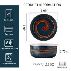 YUN TAO Porcelain Bowl with Lid Set - 6 Inch, 23 oz Capacity, Multicolor - Microwave Safe, Airtight Lids for Lunch, Picnic, Salad & Food Storage (Set of 4)