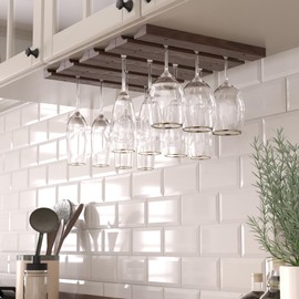 Rustic State Vigo 4 Sectional Adjustable Under Cabinet Stemware Rack - Hanging Wood Shelf Glassware Holder Bar Organizer with up to 12 Wine Glass Storage 12 Inch Deep - Chestnut