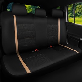 CAR-GRAND Leather Rear Seat Cover, Breathable Mesh Universal Bench Seat Cover Super 5mm Composite Sponge Inside Fits Most Automotive, Cars, SUVs, Trucks, and Vans Black Beige