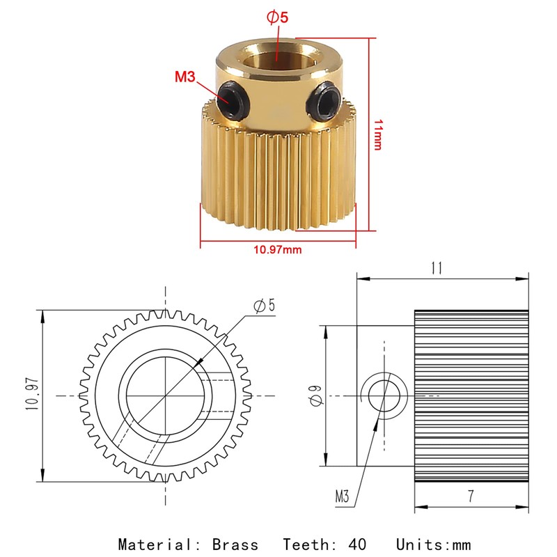ATNSINC 15pcs Extruder Wheel 40 Teeth Gear Brass Extruder Wheel
