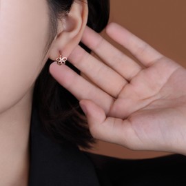 Reffeer Solid 925 Sterling Silver Flower Hoop Earrings for Women CZ Flower Hoop Earrings Huggie (C-Rose Gold)