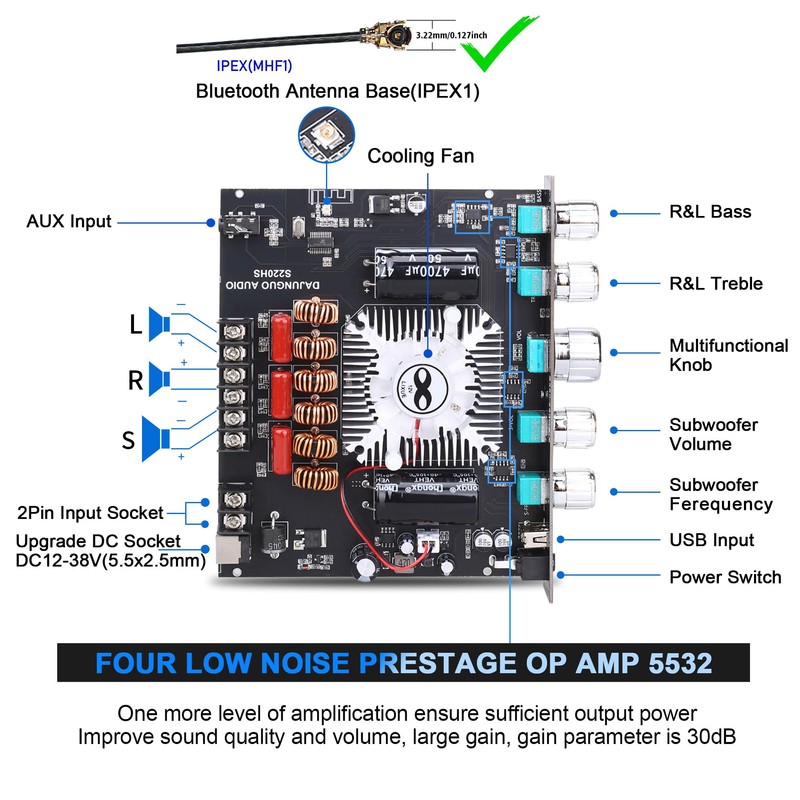 S220HS 2.1 Channel Bluetooth Amplifier Board 160W+160W+220W TDA7498E Chip,with Treble