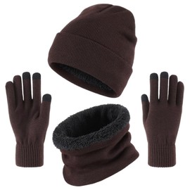Connectyle Men's Winter Beanie Scarf Gloves Set, Fleece Lined Warm Knit Gift Set, Neck Warmer, Touchscreen Gloves Coffee