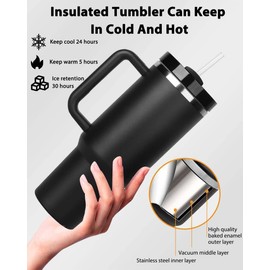NAC 40 oz Tumbler with Handle and Straw and Cleaning Bursh, Stainless Steel Vacuum Insulated Water Tumbler for Hot or Cold, Reusable Water Bottle for Home Gym Office Travel (Black)