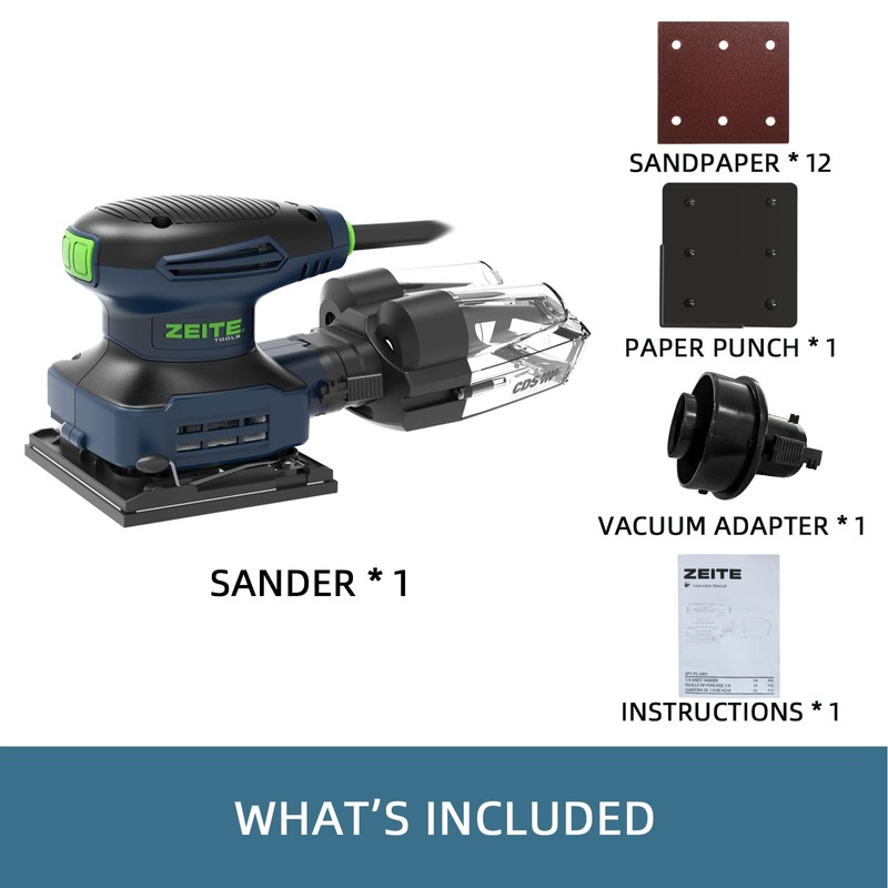 ZEITE 2.4 Amp 1/4 Sheet Sander with 12Pcs Sandpapers, Electric