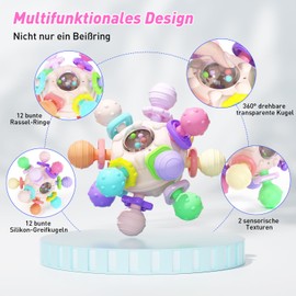 Beißring Spielzeug aus Silikon ab 0-6 Monate, Sensorik Rassel Babyspielzeug Teether Ball ab 3 Monate, Geschenk ab 3 6 9 Monate