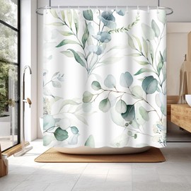 Uiiooazy Green Leaves Shower Curtain, Eucalyptus Leaf Plants Pattern, Bathtub Curtains, Anti-Mould, Waterproof, Polyester Fabric, Washable, Bathroom Curtain with 12 Hooks, 180 x 200 cm