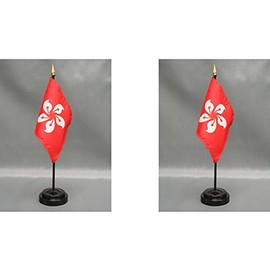 2 Hong Kong Desk Flag Set of Miniature Office Little Hand Waving Flags Includes 2 Stands and 2 Small Mini Country International Stick Flags (Hong Kong)