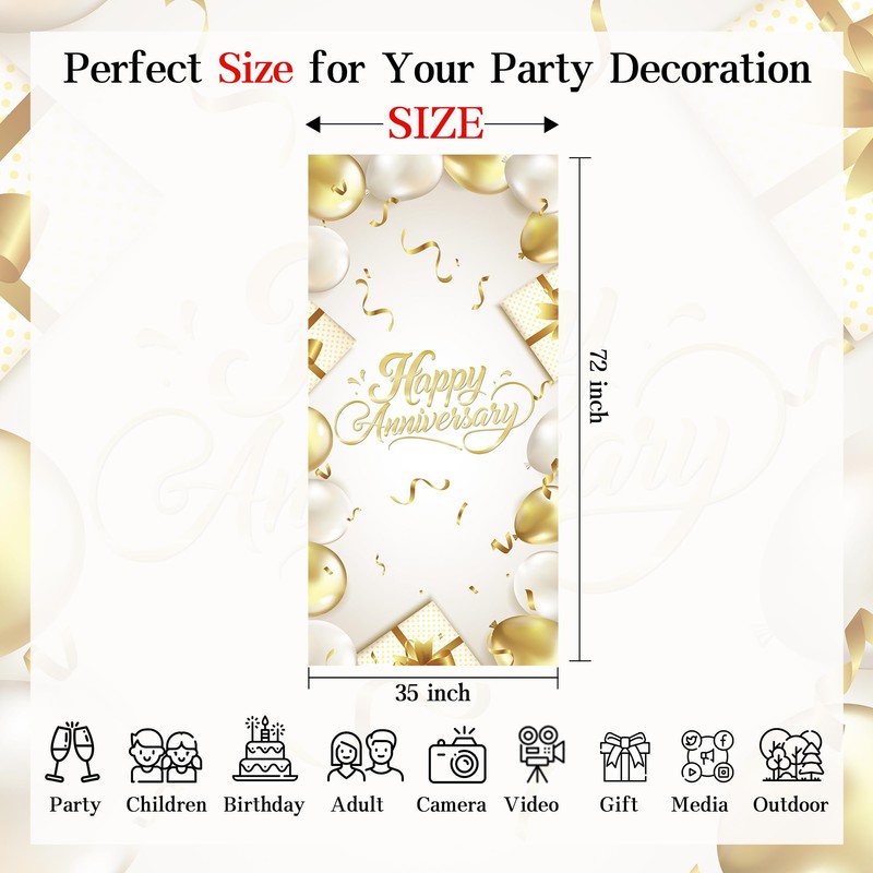 Happy Anniversary Backdrop Banner White Gold Elegant Door Cover Photography