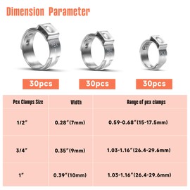 WYSIWYKA 90PCS Pex Crimp Rings Assortment, 1/2"(30PCS)+ 3/4"(30PCS)+1"(30PCS),3 Sizes Heavy Duty 304 Stainless Steel Pex Clamps, Single Ear Hose Clamps for Pex Tubing Pipe Fitting Connections