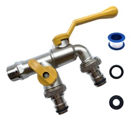 Outdoor Water Faucet with Dual 3/4" Brass Ball Valves - Wall Mounted Garden Hose Splitter Tap for Yard, Balcony & Home, Heavy Duty Metal Hose Connector with Anti-Leak Design