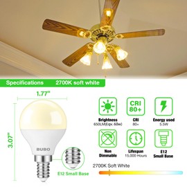 BUBO Ceiling Fan Light Bulbs 60 Watt Equivalent, E12 LED Bulb Soft White 2700K, 5.5W Small Base LED Light Bulbs, A15 Candelabra Base Bulb, 120V, 650LM, Non-Dimmable, 20 Pack