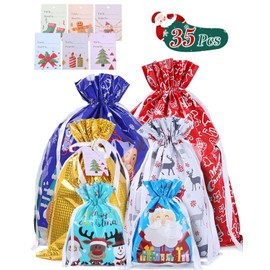 35PCS Christmas Gift Bag, Drawstring Christmas Gift Bags 4 Size 6 Pattern with Name Tags and Ribbon Ties, Assorted Style Xmas gift bags Reusable Goody Bags for Holiday, Party, Wedding, Winter