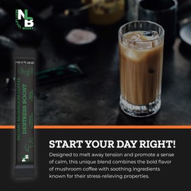 Destress Boost Organic Mushroom Instant Coffee - 135g, 15 Servings Pouch - Healthy Coffee alternative and Substitute - With Gaba, Collagen, Lions Mane and Antioxidants