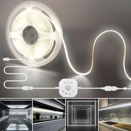 Clearhill 5V Motion Sensor Dimmer 320LED Strip Lights,Day or Night 2 Lighting Modes,Time-delay and Brightness Adjustable,6.56FT/2M,Cool White 6500K,8mm Width,for Closet,Kitchen