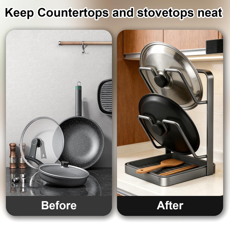 uwoneg kitchen pot lid storage rack with tray, pot lid