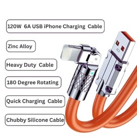 Chubby Cable Lightning 120W USB iPhon Fast Charging Cable180 Degree Fast Rotating Cable, Heavy Duty, Data Transferring Charging Cable Silicone Cord Compatible with iphon and iPd (Orange 6ft)