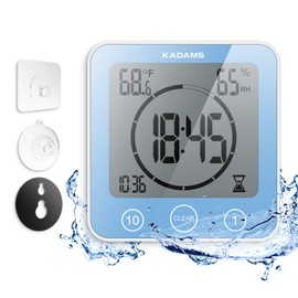 KADAMS Shower Clock Waterproof Bathroom Timer – Digital Wall Clock with Countdown, Magnetic Kitchen Clock with Temperature & Humidity, Suction Cup for Kids Shower Spa Sauna Cook Bath, Blue