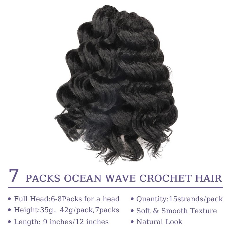Ocean Wave Crochet Hair 7 Packs 12 Inch Black Deep