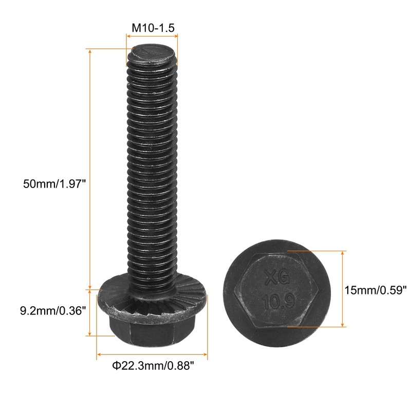 sourcing map M10-1.5x50mm Hex Serrated Flange Bolts 10.9 Grade Carbon