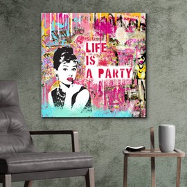 NWT Canvas Print Wall Art Audrey Hepburn Banksy Spray Paint Portrait Graffiti & Street Art Abstract Illustrations Modern Art Decorative Bohemian Multicolor for Living Room, Bedroom, Office - 12x12