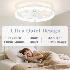 JOFIOS Ceiling Fans with Lights,19.7" Flush Mount Ceiling Fan with Light and Remote,Reversible,3 CCT,6 speeds,Dimmable,Noiseless, White Ceiling Fan for Bedroom, Kitchen,Living Room(Assembly required)