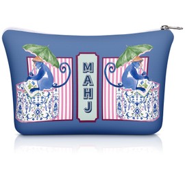 Empty Chinoiserie Mahjong Tile Bag 13x7.8 Inch Blue and Pink Tile Storage Bag with Zippered Monkey Portable Travel Storage Pouch Standard Size for American Mahjong Tiles Accessories Hostess Gift