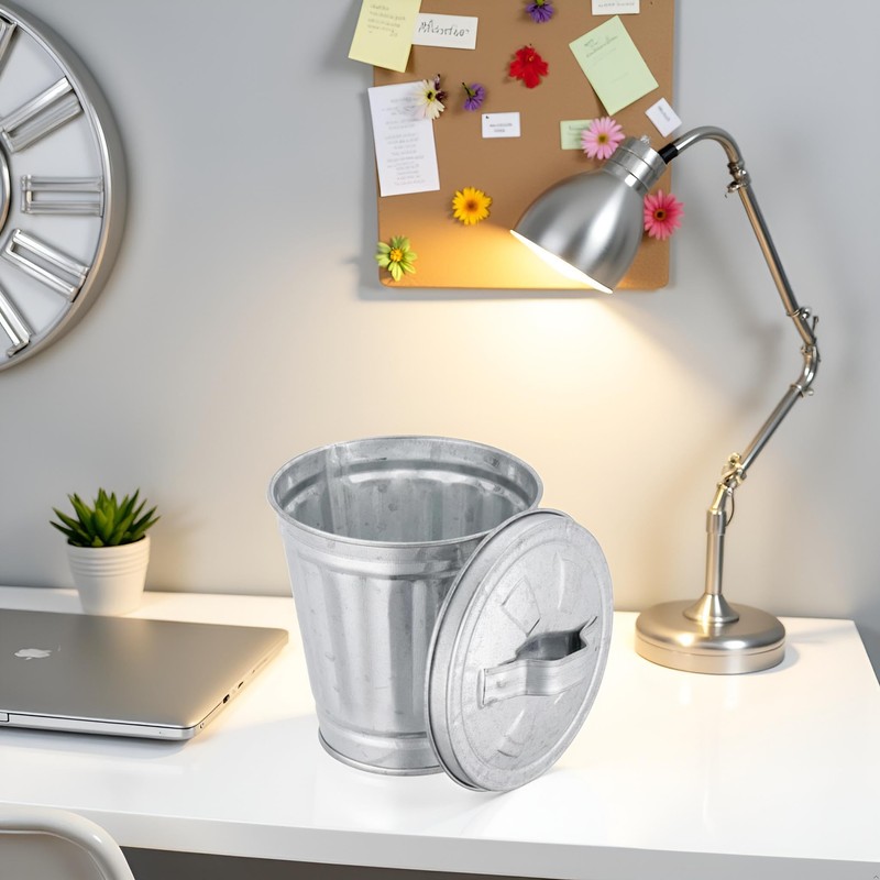 Zhuluck Silver Mini Galvanized Trash Can with Lid Mini Wastebasket