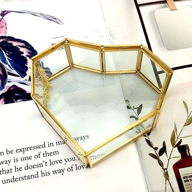 Flip Love Heart Shaped Geometric Glass Jewelry Box Glass Ring