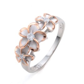 LocoMocoAloha Hawaiian Jewelry Ring, Silver 925, Pinky Ring, 3 Wheels, Plumeria, Silver, Pink Gold, Listed on the product page, Cubic Zirconia