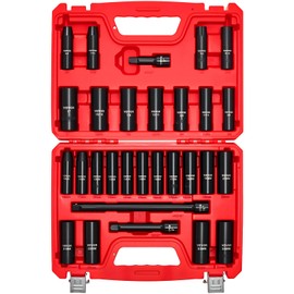 VEVOR 1/2" Drive Impact Socket Set, 29-Piece Deep Sockets Standard SAE (3/8 to 1 inch) and Metric (10 to 24 mm) Size, 6 Point, CR-V Steel, Extension Bars (3", 5", 10")