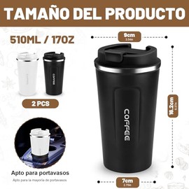 Vaso de Acero Inoxidable, Taza Termica Frio y Caliente para Cafe, Paquete de 2 Vasos de Acero Inoxidable 510 Ml se para Acampar, Casa, Fiesta (Negro +