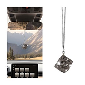 HZEL Bling Car Rear View Mirror Pendant, Creative Rhinestone Vehicle Hanging Dice Charms with Dots, Diamond Automotive Interior Rearview Swinging Ornament Accessories, Universal Fit (Gray)