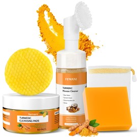 femani Turmeric Wash and Care Three Piece Set,Turmeric Cleansing Pads & Tumeric Soap & Face Wash, Skin Care Set for Face & Body, Facial Soap Bar Gentle Skincare