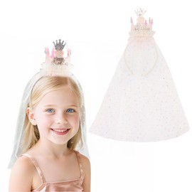 CUBACO Birthday Girl Headband Kids, Birthday Girl Crown with Veil, Cute Tiara Hair Band, Princess Party Decorations Outfit Accessory-Pink Gold